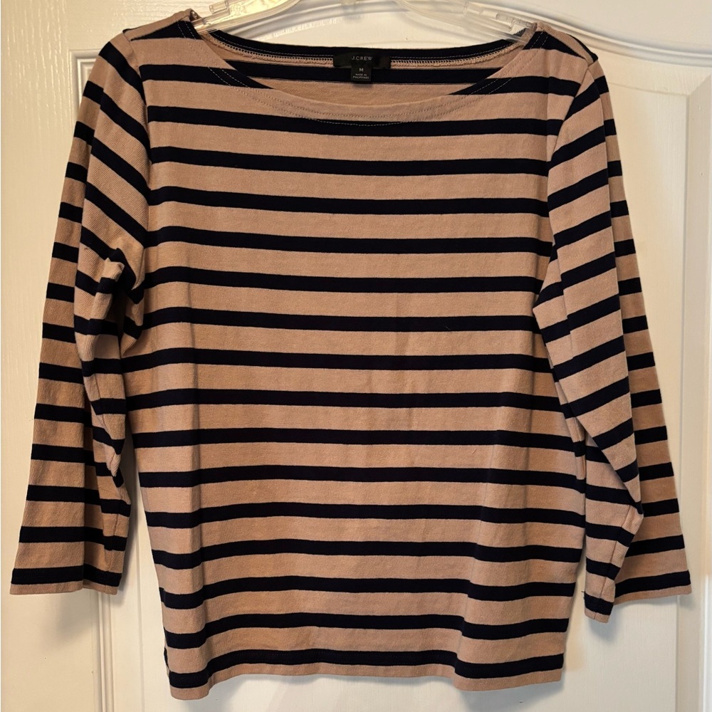 J. Crew Size Medium Women's Tan and Blue Striped Shirt